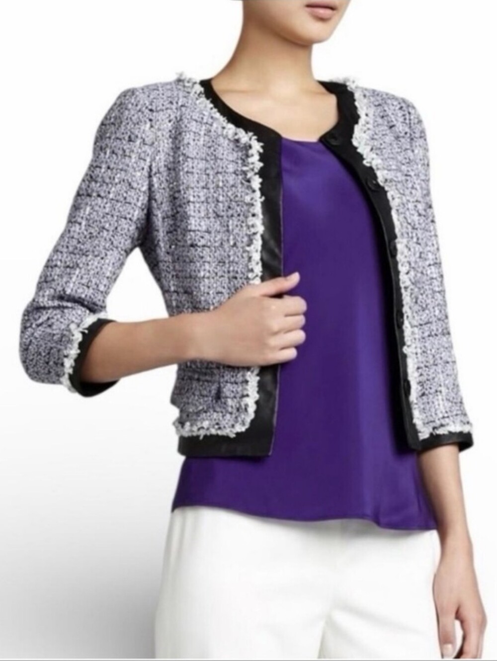 Lafayette 148 Marielle Tweed Leather Trim Jacket Size 14